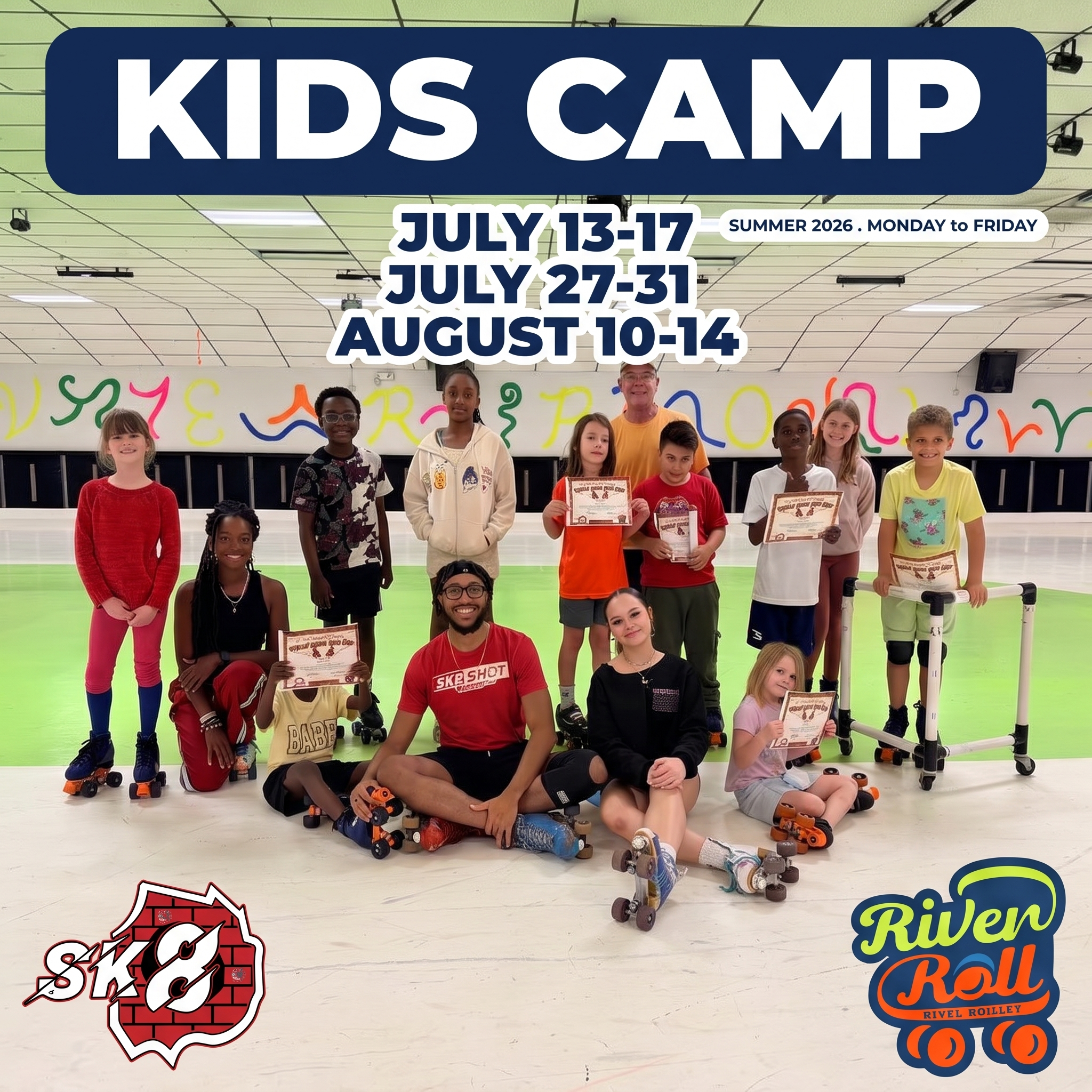 SK8SHOT x River Roll Kids Camp 2026 group photo, dates July 13-17, July 27-31, August 10-14