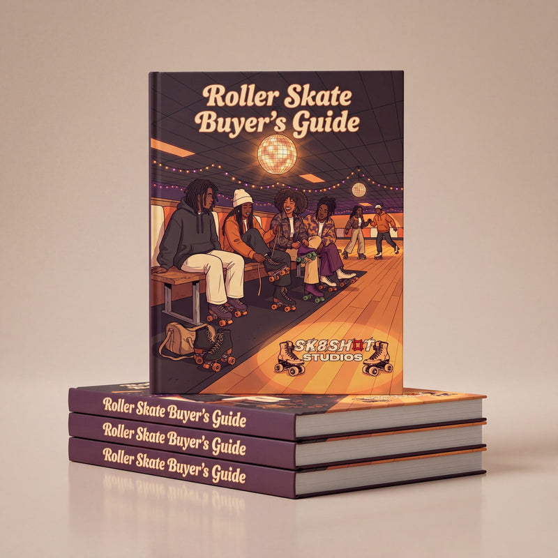 Roller Skate Buyers Guide hardback book, one copy standing on a stack of three