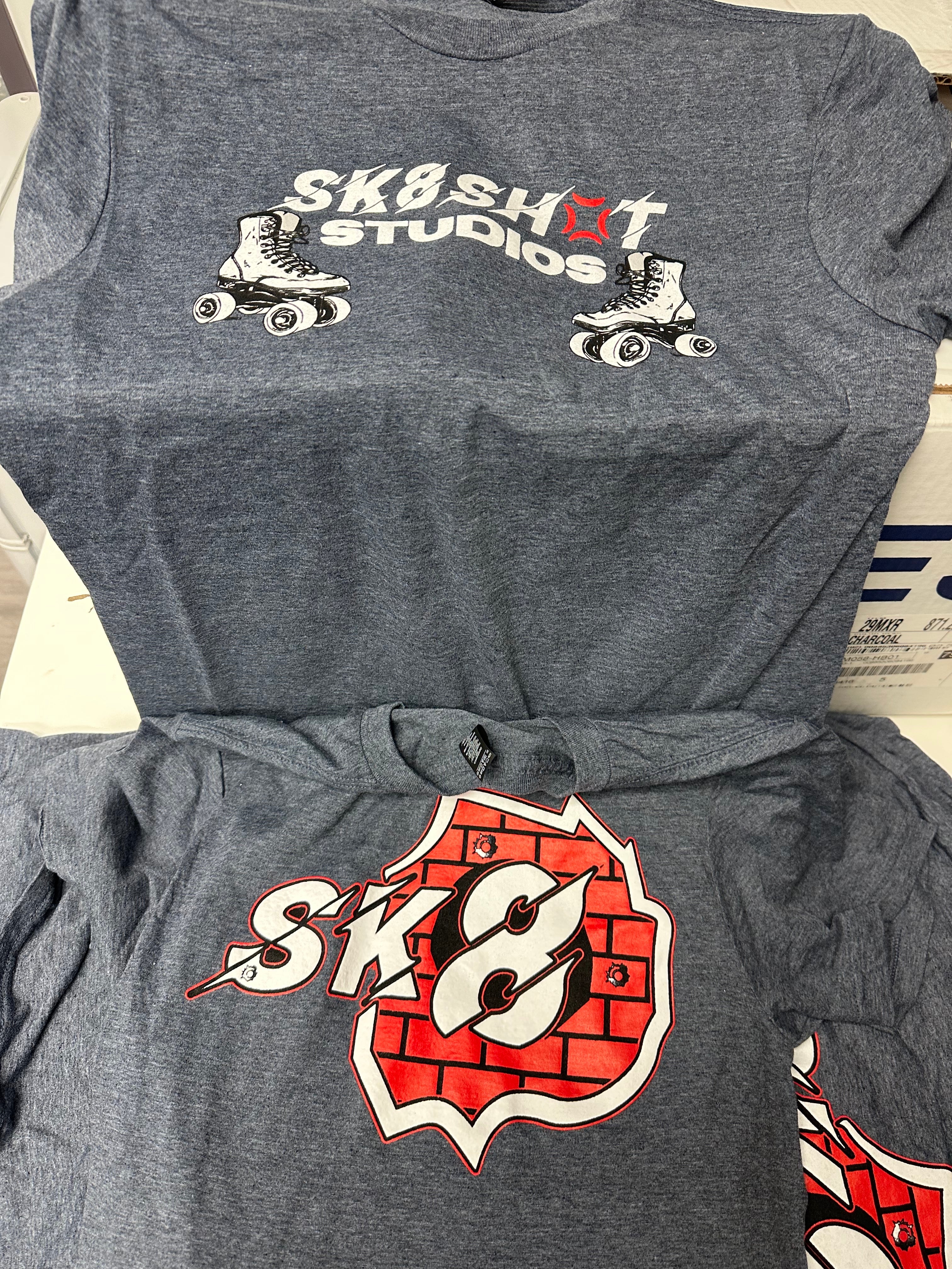 SK8SHOT Tee in Grey, front logo and SK8 brick back print